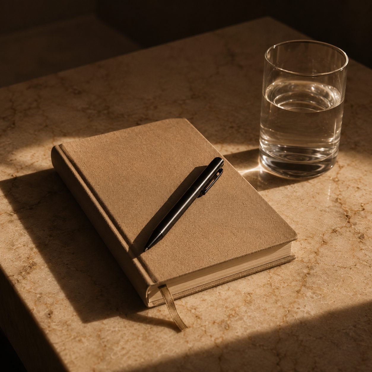 Notebook + pen + glass