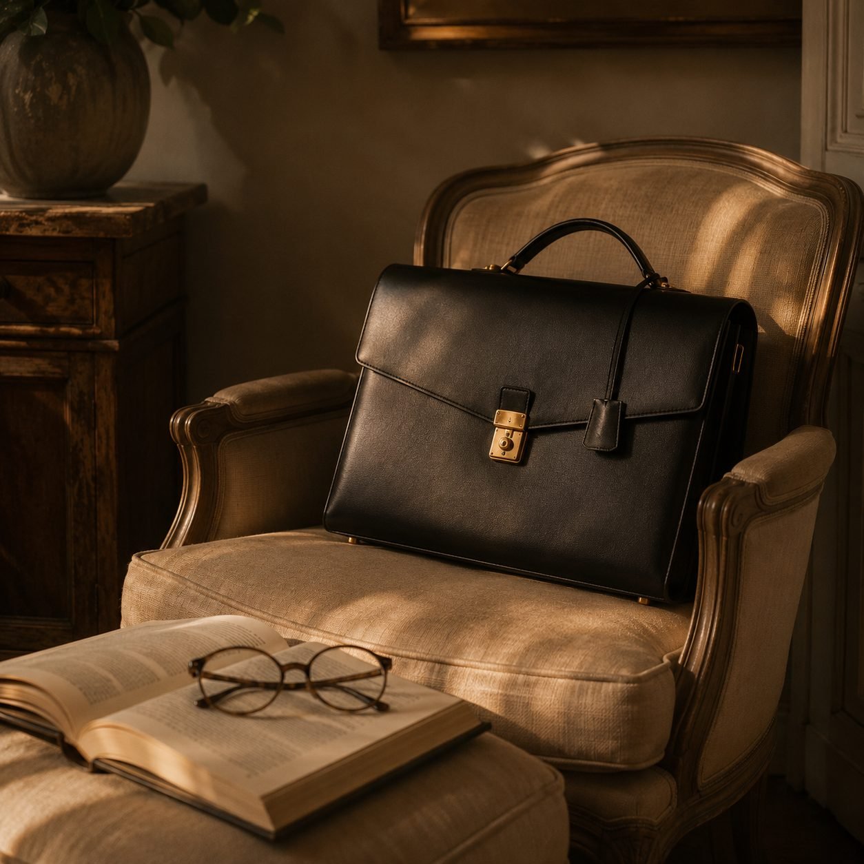 Chair + leather bag + book
