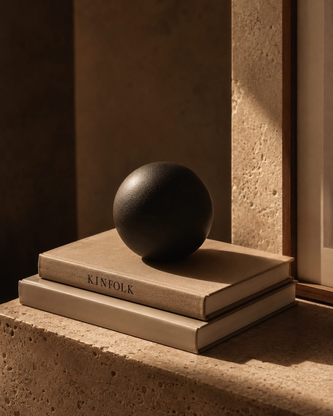 Books + stone sphere